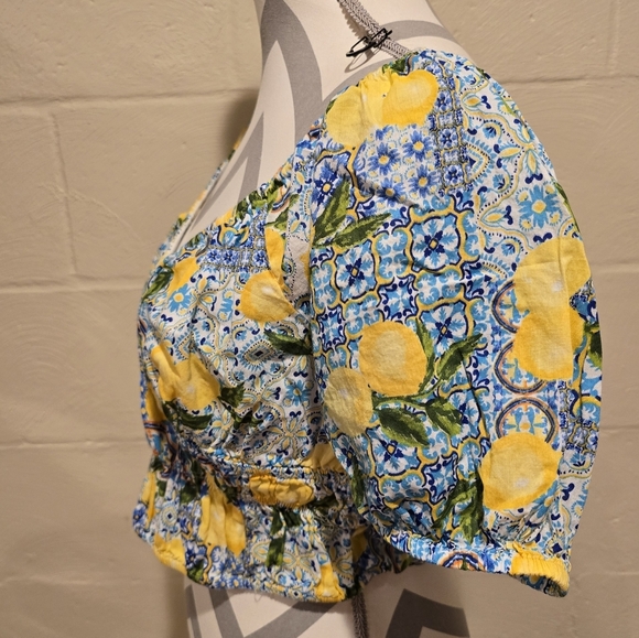 Primark Women’s Yellow Blue Multicolor Crop Top Blouse Short Sleeves Size US 12. - Picture 2 of 10